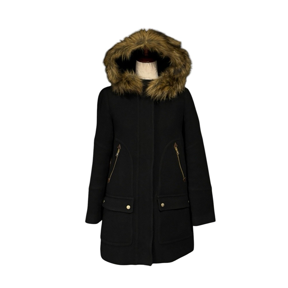 J Crew Stadium Cloth by Nello Gori Hooded Wool Coat Fur Accent Women's‎ Size 6